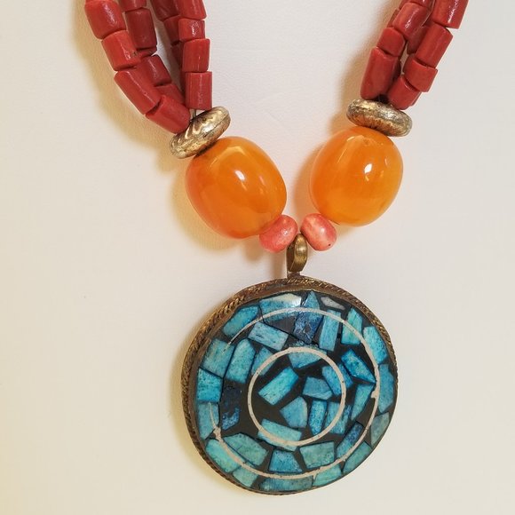 Jewelry - Red Coral beads Necklace with Blue Pendant